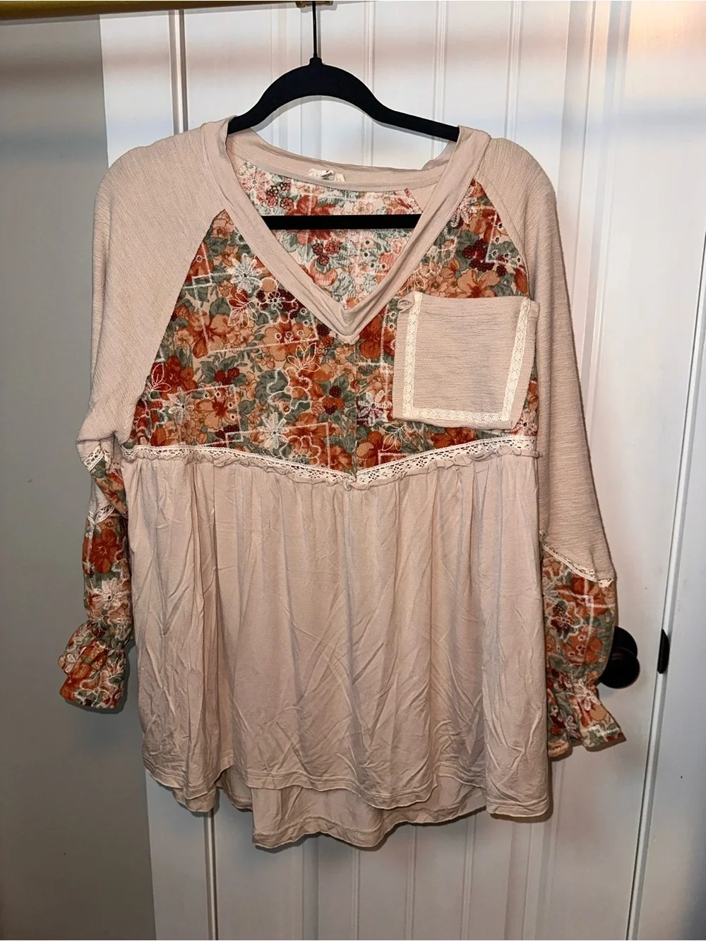 POL Size Small Oversized Boho Floral Patchwork V-Neck Tunic Top - Beige